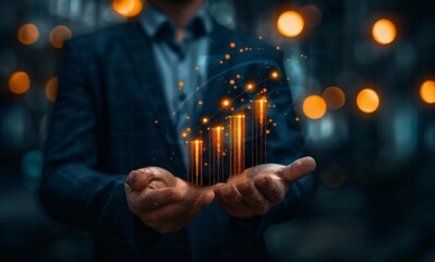 Leinwandbilder - Businessman presenting a rising virtual bar graph, representing growth and success