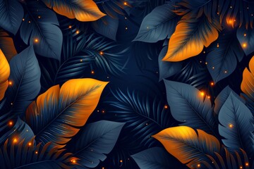 Wall Mural - Modern download of a dark tropical night leaves and foliage seamless pattern in hand drawn style for fashion fabrics and prints with an orange line and black background.