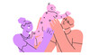 © KPstudio - Kid adoption. Multicultural foster family or couple adopt newborn. Happy parents embracing their adopted daughter or son. Vector cartoon illustration. Mother and father, family care and adopted child.