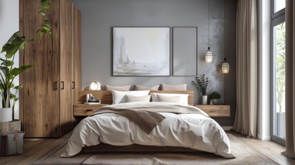 Aufkleber - Serene minimalist bedroom with wooden accents and tasteful decor, embodying tranquility