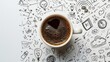 © DJSPIDA FOTO - A steaming coffee cup amidst creative doodles, encapsulating brainstorming and inspiration