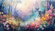 A fantasy landscape painted in watercolors, showcasing mythical animals wandering through a forest of pastel flowers, all handdrawn
