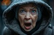 High-detailed image of an elderly woman with a shocked expression, wearing a hooded coat, depicting concern or anxiety