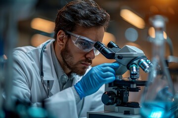 Poster - An in-depth look at a serious researcher intently using an advanced microscope for scientific examination and study