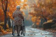 A thoughtful elderly woman moving down a beautiful autumn path with the support of a walker, conveying reflection and life's journey