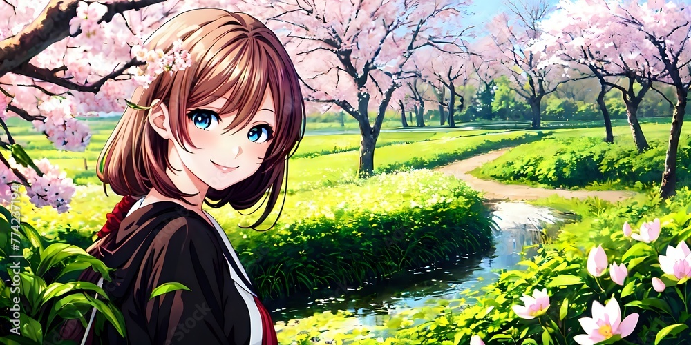 Cute anime girl on a background of sakura trees, digital art, anime ...