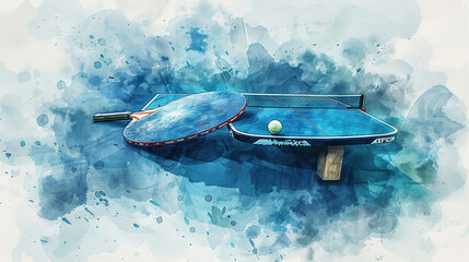 World Table Tennis Day, tennis paddles on watercolor blue table tennis, Poster, banner, card, background. 