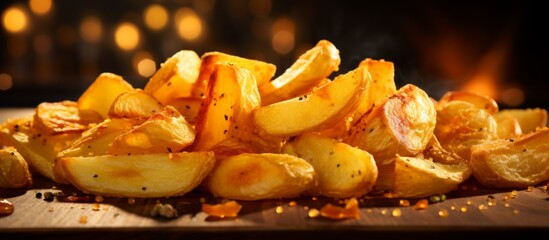 Poster - A close up view showcasing a bunch of potatoes arranged neatly on a wooden cutting board in preparation for cooking