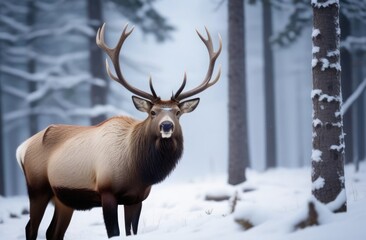 Wall Mural - Close-up of a deer in a snowy forest