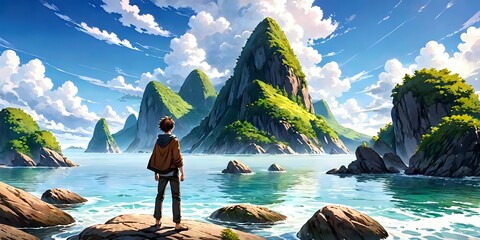 Anime guy on a background of mountains and sea, anime wallpaper