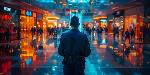 Wall Mural - Ensuring Safety and Providing Security: A Security Guard's Role in Monitoring Shopping Mall Operations. Concept Security Guard Duties, Shopping Mall Surveillance, Safety Measures, Security Protocols