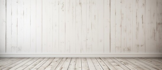 Poster - close up view showcasing a pristine white wooden floor aligned with a plain white wall, creating a m
