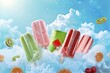 Array of popsicles plunged into frosty clouds, fruits slice through, cerulean sky backdrop, sparkling droplets add freshness.Ice lollies jut from effervescent foam, citrus and berries mid-air