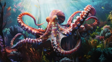 Explore the ocean's depth in a prompt highlighting an octopus in its natural habitat