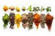 Various colorful spices and herbs are arranged in a neat row on a white background