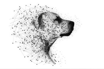 A minimalistic grayscale abstract close-up image of a dog face. A silhouette of dots and particles. A beautiful graphic half-tone dog portrait. Elegant design for printing posters, advertising 