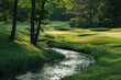 A peaceful golf course with gentle streams meandering through the landscape.