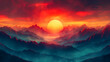 Fantasy landscape with mountains and sun at sunset. 3D illustration