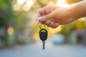 Hand Holding Car Key with Blurred Background. A close-up of a hand presenting a car key, suggesting a new car purchase or vehicle ownership with a blurred natural background.