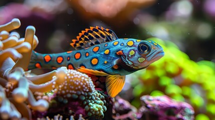   A tight shot of a vibrant blue-orange fish against a backdrop of various corals and submerged vegetation