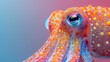   A tight shot of an octopus with orange and blue hues, adorned with bubbles on its body, against a backdrop of blue and pink