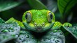   A tight shot of a green-yellow chameleon perched on a leaf, adorned with dewdrops on its facial features