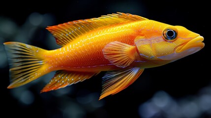   A tight shot of a fish against a black backdrop, its lower half slightly blurred