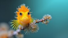   A Narrow Focus On A Tiny Yellow Fish Perched On A Branch Against A Softly Blurred Background, Featuring A Vast Expanse Of Blue Sky