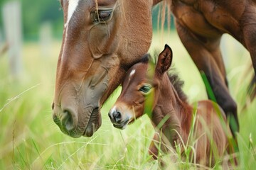 Young brown Arabian horse foal drinking milk from mother on green meadow