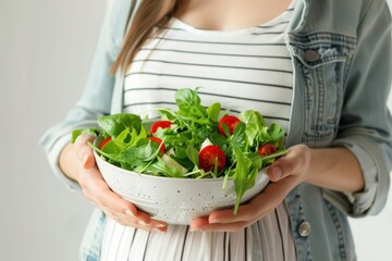 Young pregnant woman holding a bowl with green healthy salad. Healthy eating during pregnancy