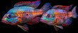   A couple of colorful fish sitting next to each other against a black background