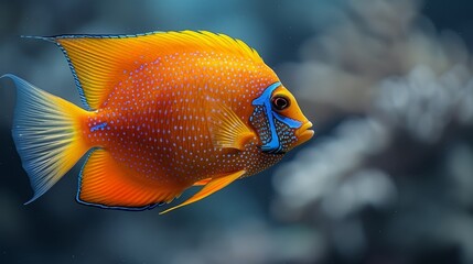   A tight shot of a yellow-blue fish with a black-white stripe along its face