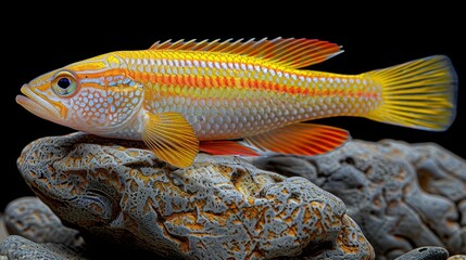   A yellow-orange fish atop a rock amidst a stack of rocks against a black backdrop