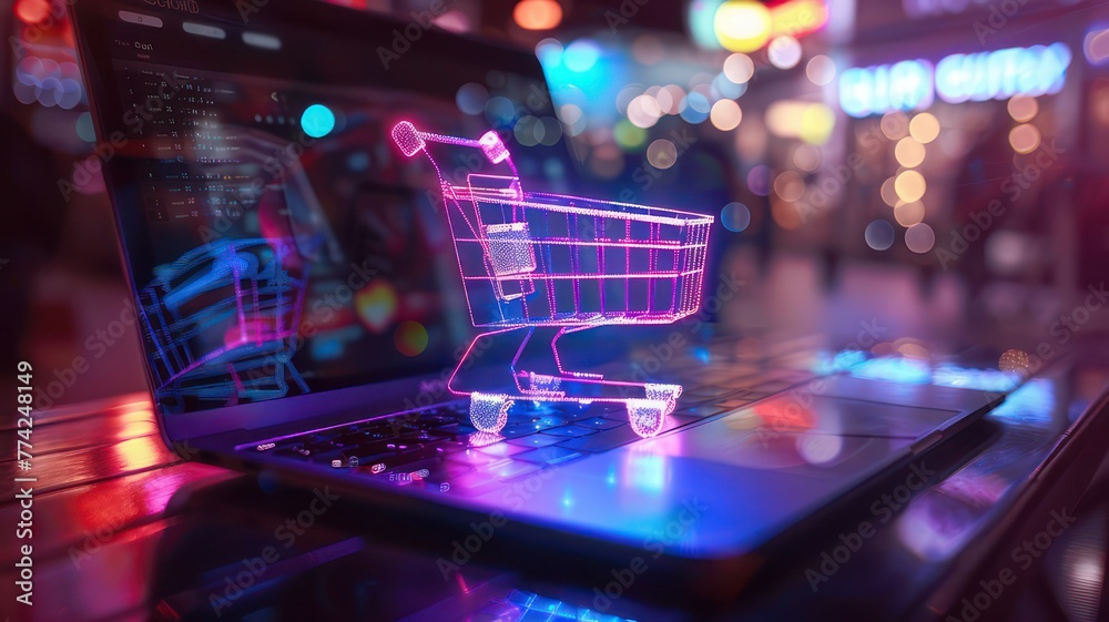 Glowing shopping cart on a laptop created with Generative AI Stock ...