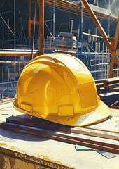 Wall Mural - Illustrate attention to safety details in a prompt showcasing a close-up view of a yellow safety helmet positioned on a table, surrounded by construction equipment