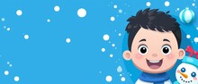   A Boy Holds A Snowman Against A Blue Backdrop, Adorned With Snowflakes And A Snowball