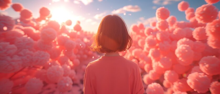   A woman stands amidst a field of pink blooms, sun illuminating from behind, clouds framing her head