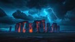Famous Stonehenge ancient mystery site with lightning bolt at night in England UK.