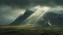 Dramatic Mountain View With Sunlight Shining Through Clouds .AI Generated Image