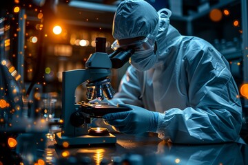 Poster - A professional scientist in protective gear meticulously studies samples under a microscope in a high-tech lab