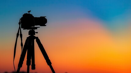 Paint a visual of the silhouette of a camera mounted on a tripod, set against the smooth gradient of orange and blue dawn sky