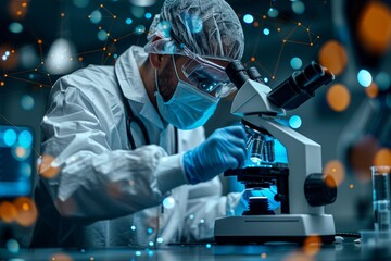 Poster - A researcher in a white lab coat focuses on a sample under a microscope surrounded by digital data representations