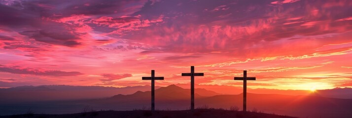 Wall Mural - Silhouette of crosses on a hill with a dramatic sky in the background