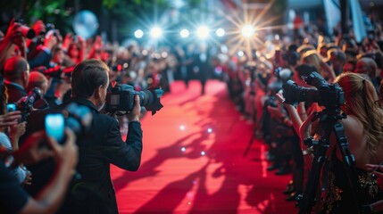 red carpet at an awards ceremony, with photographers and fans lining the sides, capturing the excite