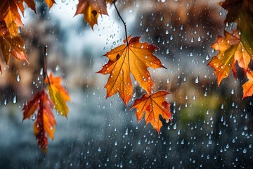 Wall Mural - background wet autumn window with raindrops on the glass transparent autumn view copy space