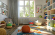 © burntime555 - A bright and vibrant children's playroom filled with toys, shelves, and cozy furnishings, creating a fun and stimulating environment for young minds to explore and play.