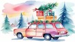 © екатерина лагунова - Christmas illustration. Watercolor car with gift boxes, Christmas tree on top and snowflakes. delivery of New Year's gifts