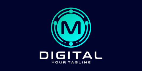 Poster - letter M technology logo. Digital font vector design for industry with circuit circles and dots, for digital, technology,data