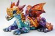 Craft an abstract baby dragon using a mosaic of bright, contrasting colors, resembling stained glass
