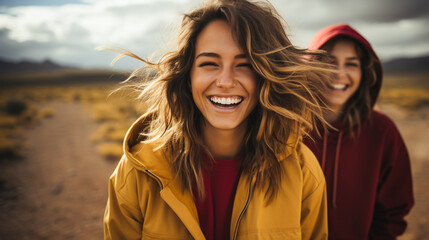 Friends laughing together on a road trip bold color palette